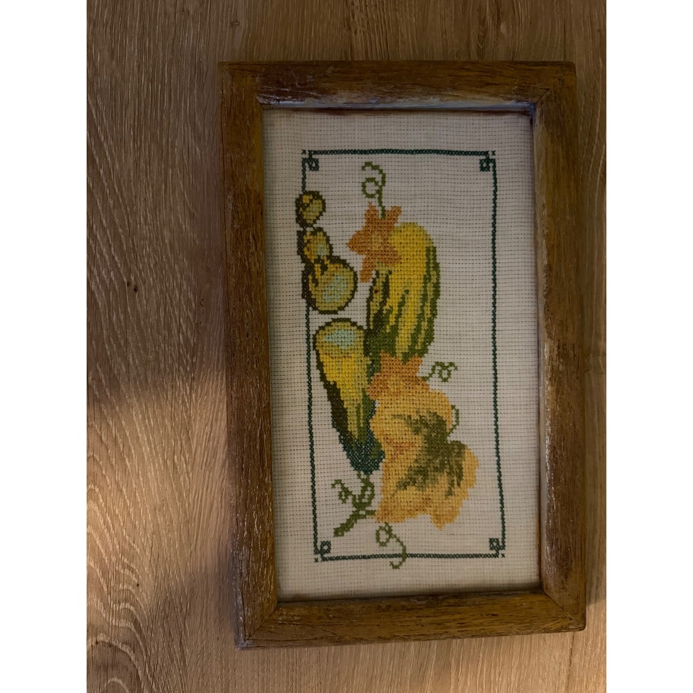 Vintage Handmade Cross Stitch Squash Gourd Wall Art Framed Cottagecore Decor